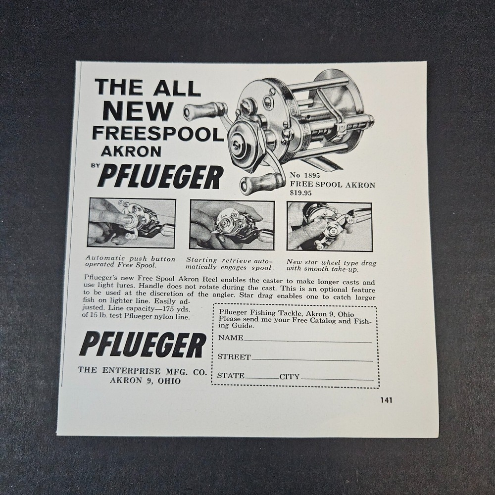 1962 Pflueger Fishing Tackle Vintage Print‎ Ad All New Freespool Reel Akron OH
